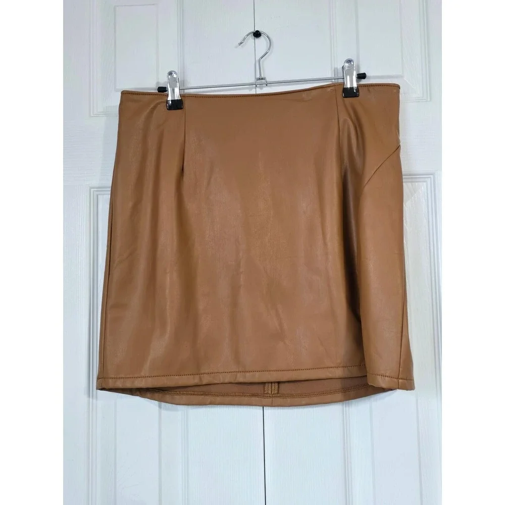 Rewash‎ Camel Tan Vegan Faux Leather Mini Skirt Size L J19040CM3 Brown Edgy Chic